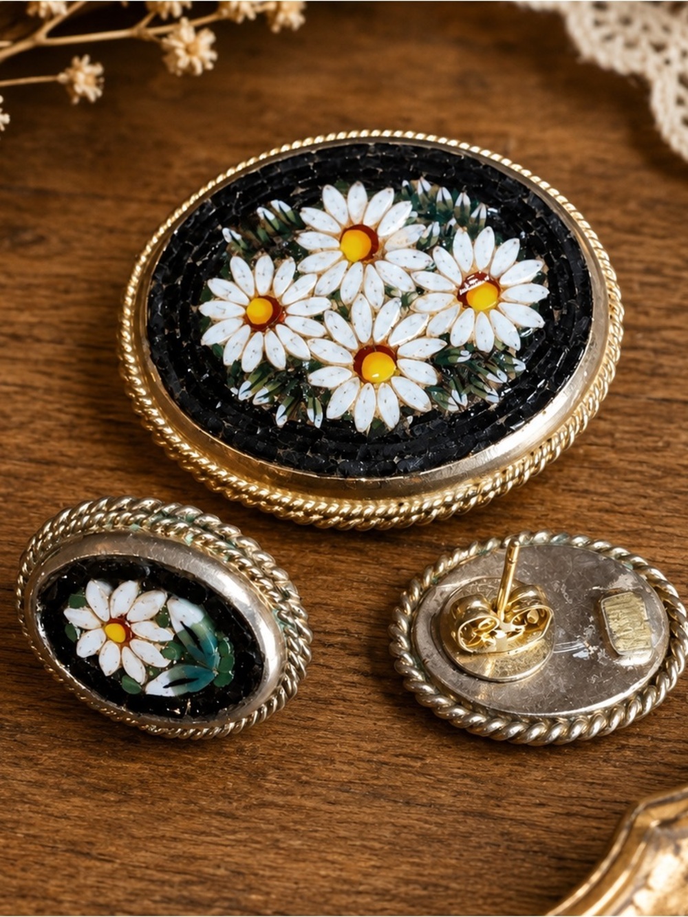Micro Mosaic Brooch and Earrings Set - Daisy signed Italy